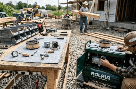 Technician replacing Rolair air compressor components to prevent equipment downtime